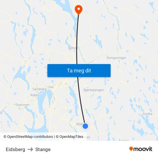 Eidsberg to Stange map