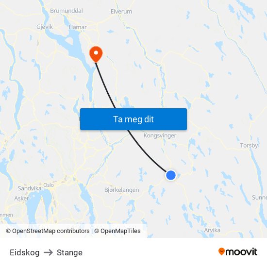 Eidskog to Stange map