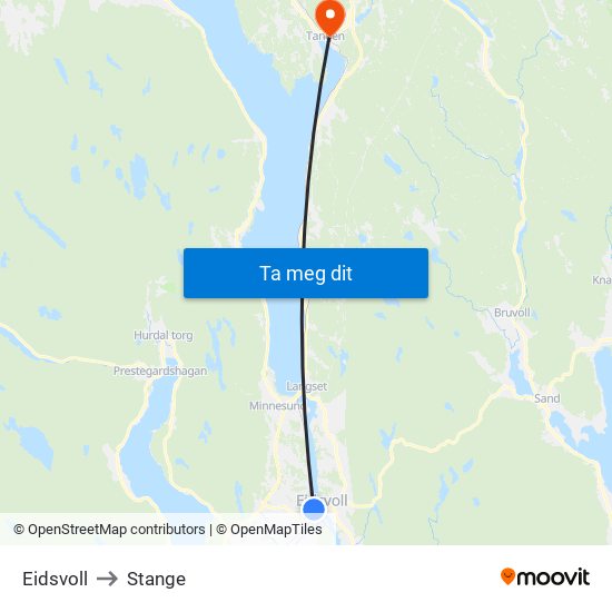 Eidsvoll to Stange map