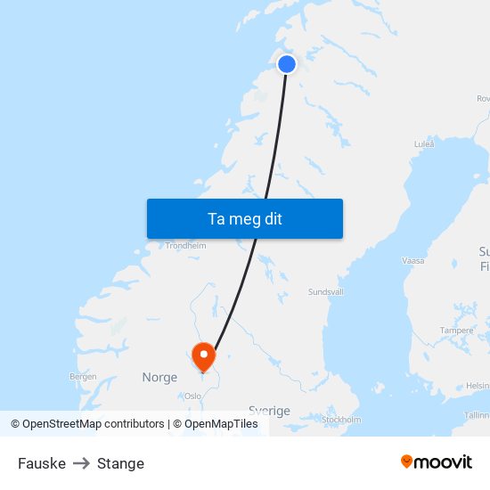 Fauske to Stange map