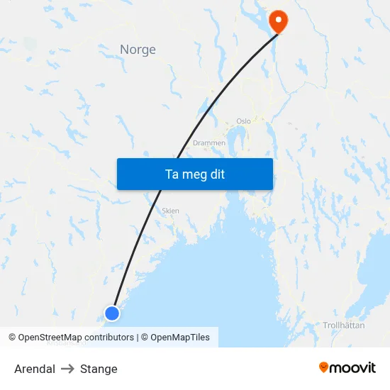 Arendal to Stange map