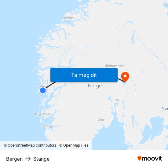 Bergen to Stange map