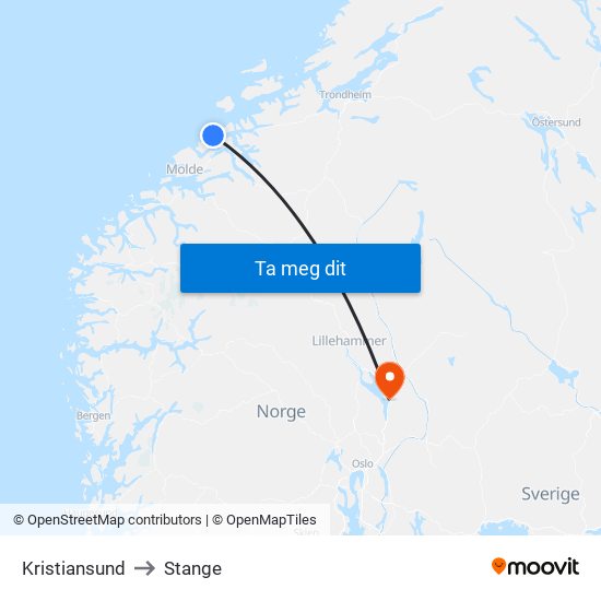 Kristiansund to Stange map