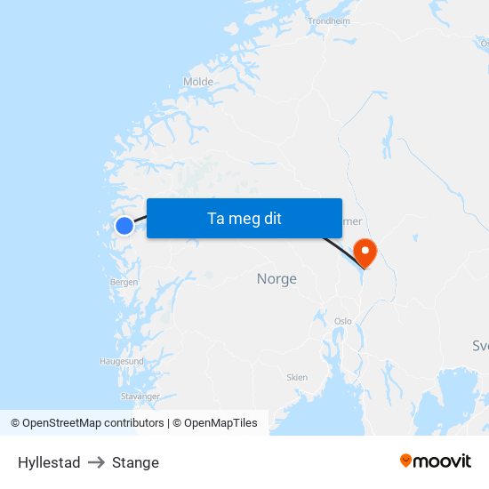 Hyllestad to Stange map