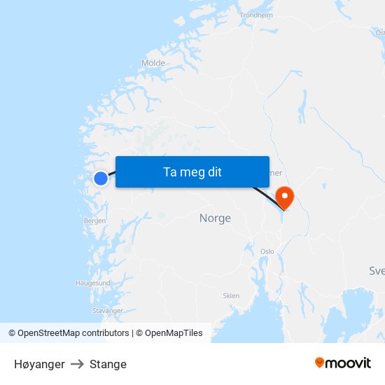 Høyanger to Stange map