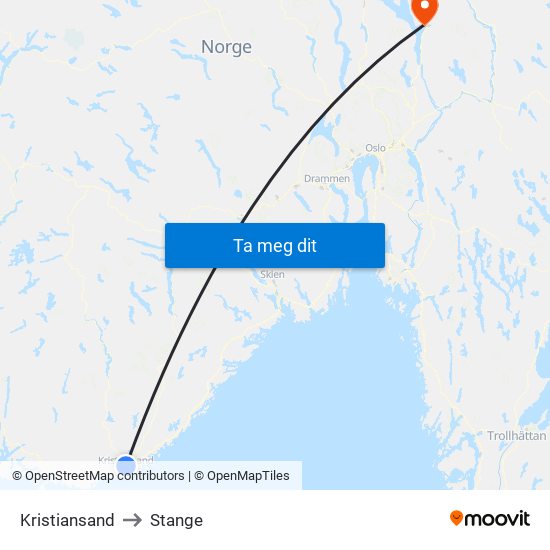 Kristiansand to Stange map