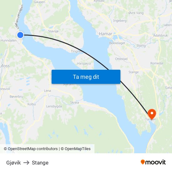 Gjøvik to Stange map
