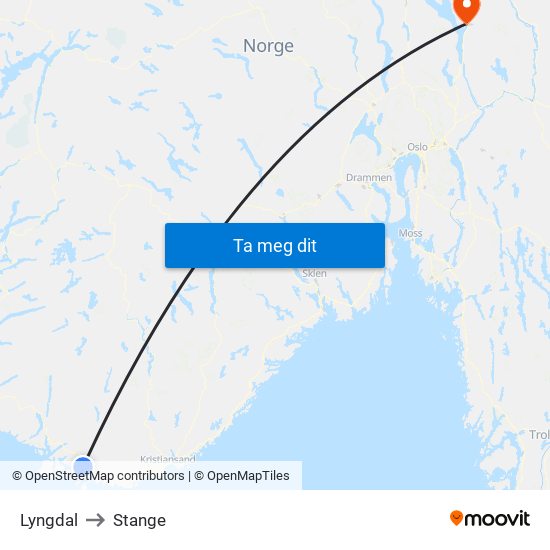 Lyngdal to Stange map