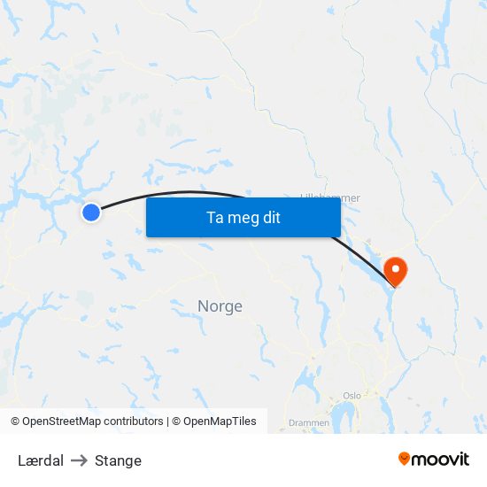 Lærdal to Stange map