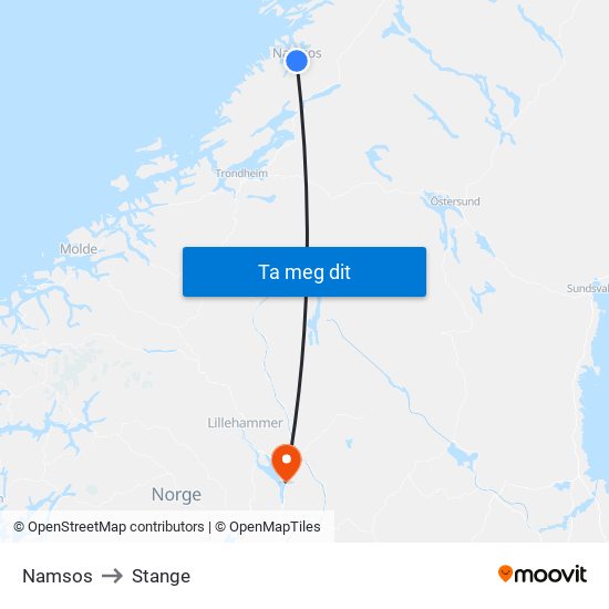 Namsos to Stange map