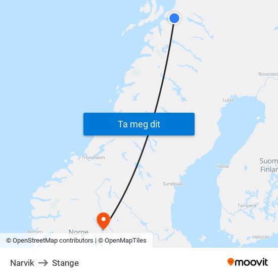 Narvik to Stange map