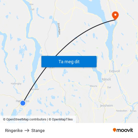 Ringerike to Stange map