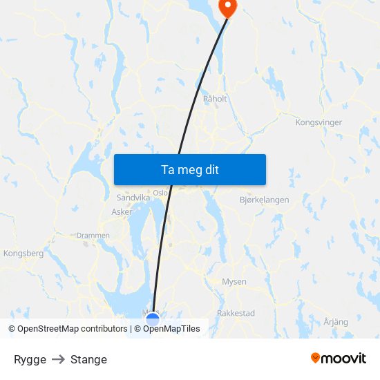 Rygge to Stange map