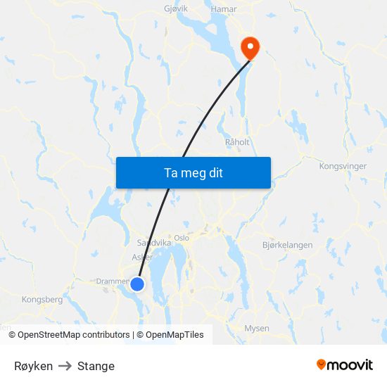 Røyken to Stange map