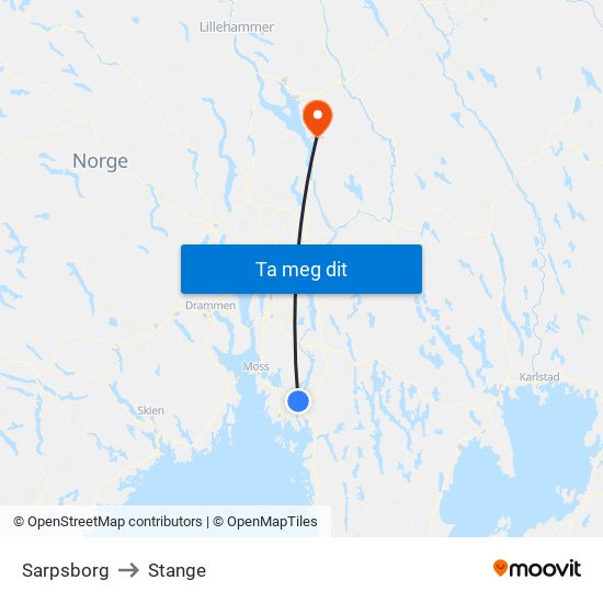 Sarpsborg to Stange map