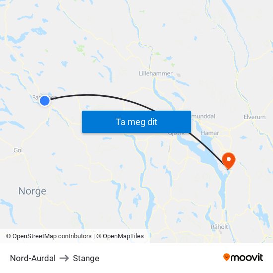 Nord-Aurdal to Stange map