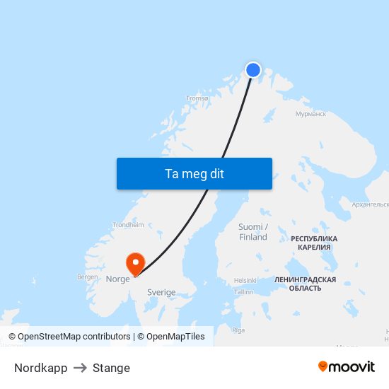 Nordkapp to Stange map