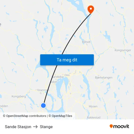 Sande Stasjon to Stange map