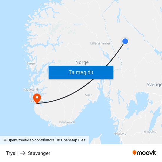 Trysil to Stavanger map