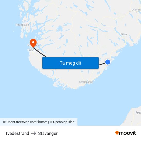 Tvedestrand to Stavanger map