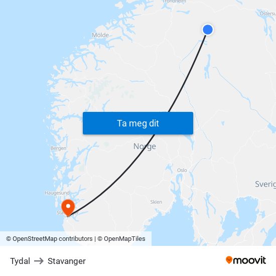 Tydal to Stavanger map