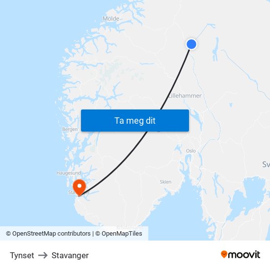 Tynset to Stavanger map