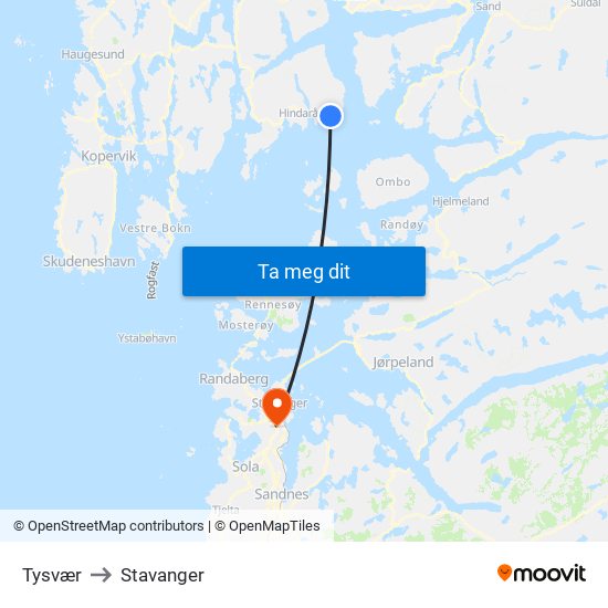Tysvær to Stavanger map