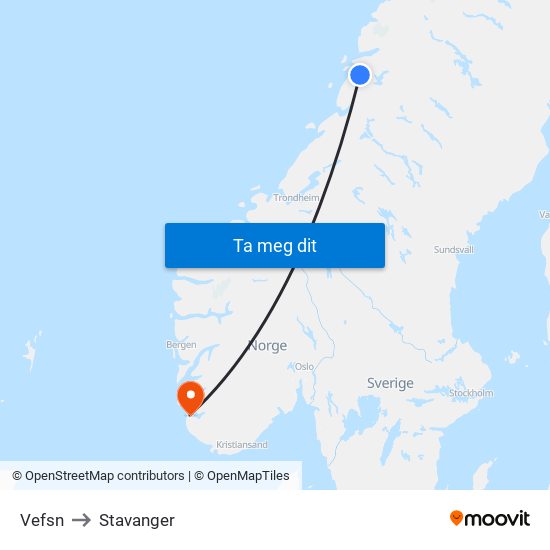 Vefsn to Stavanger map