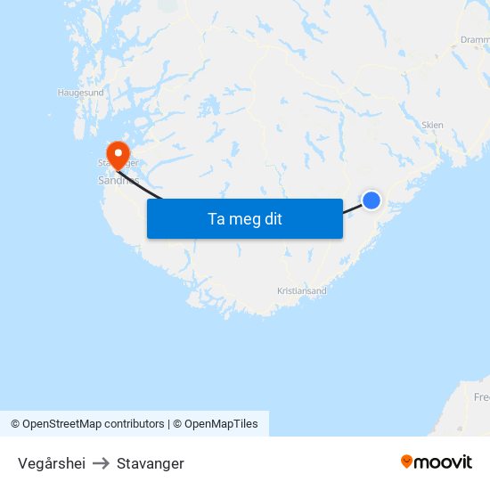 Vegårshei to Stavanger map