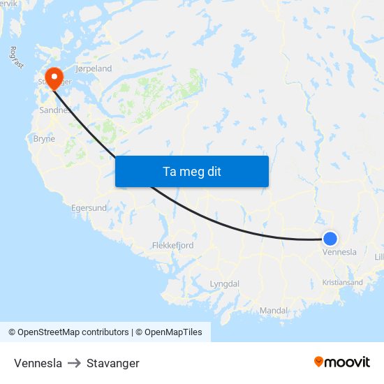 Vennesla to Stavanger map