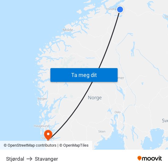 Stjørdal to Stavanger map