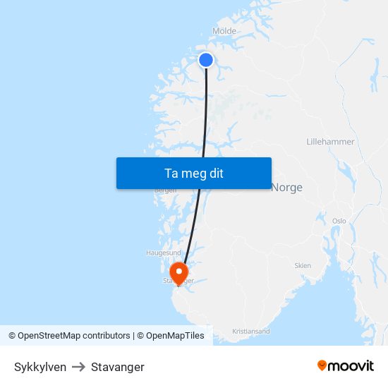 Sykkylven to Stavanger map