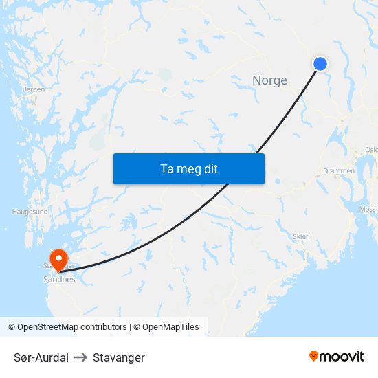 Sør-Aurdal to Stavanger map