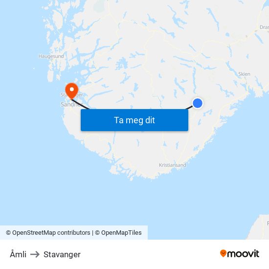 Åmli to Stavanger map