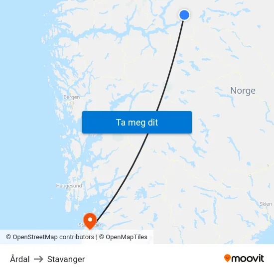 Årdal to Stavanger map