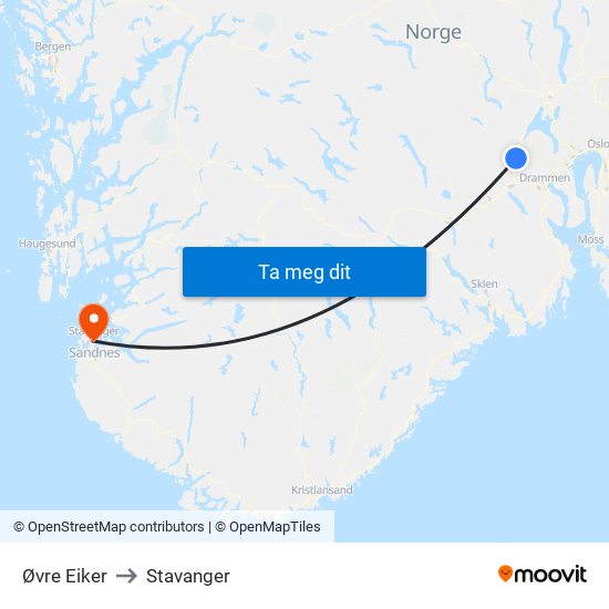 Øvre Eiker to Stavanger map