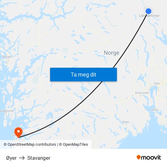 Øyer to Stavanger map