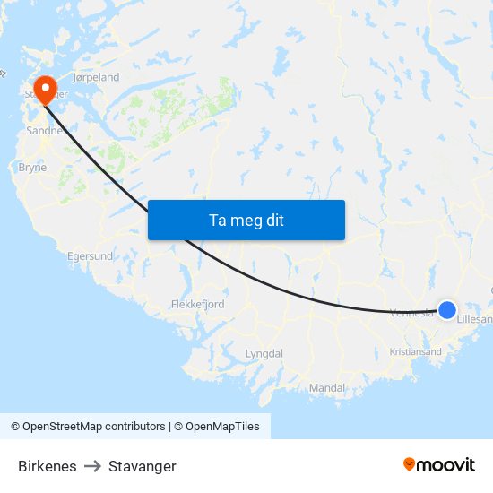 Birkenes to Stavanger map