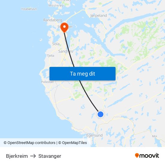 Bjerkreim to Stavanger map