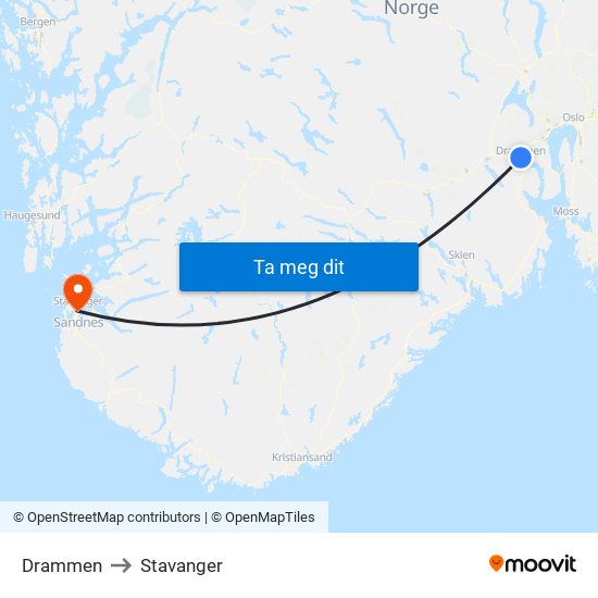Drammen to Stavanger map