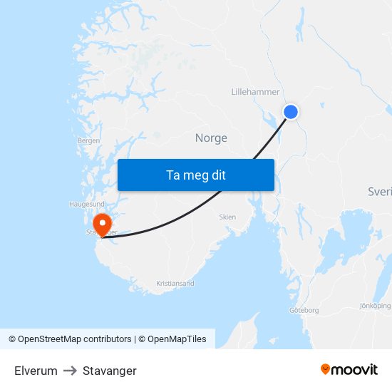 Elverum to Stavanger map