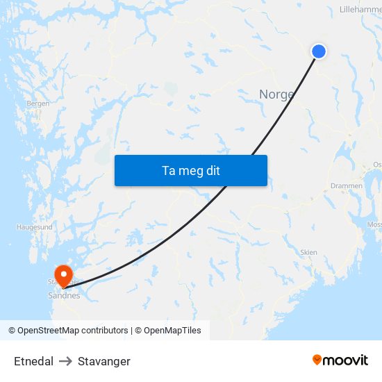 Etnedal to Stavanger map