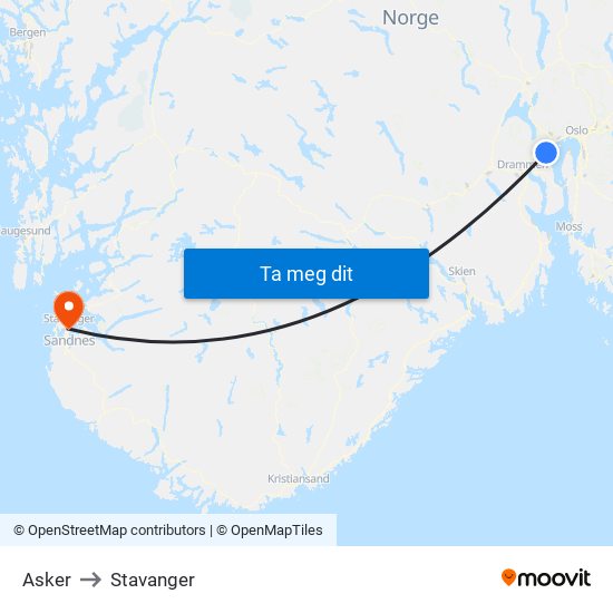 Asker to Stavanger map