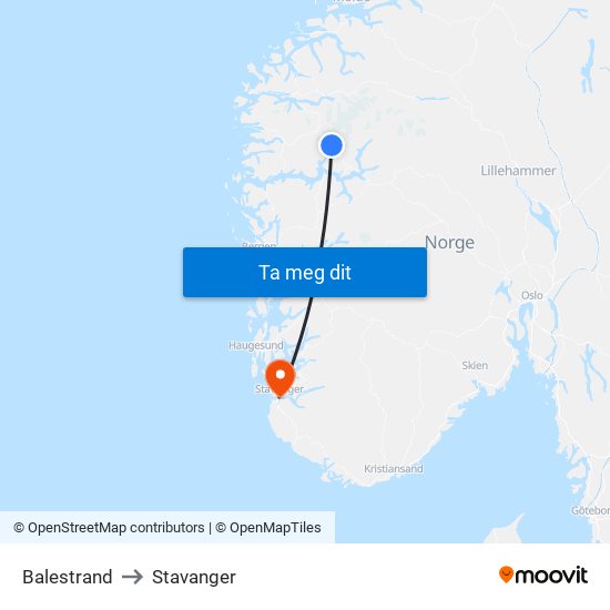 Balestrand to Stavanger map