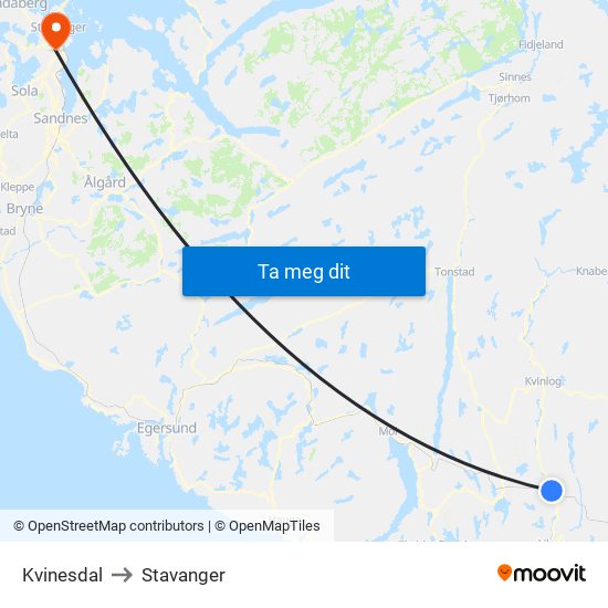 Kvinesdal to Stavanger map