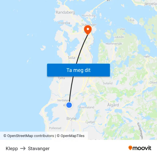 Klepp to Stavanger map