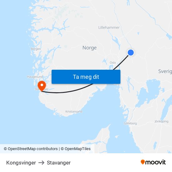 Kongsvinger to Stavanger map