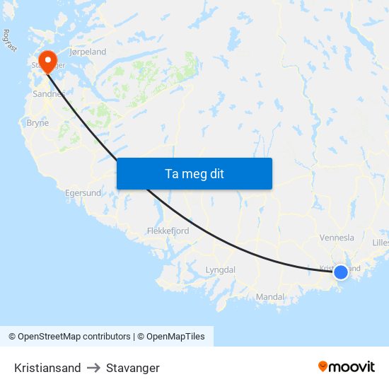 Kristiansand to Stavanger map