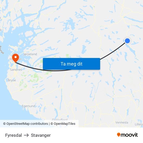 Fyresdal to Stavanger map