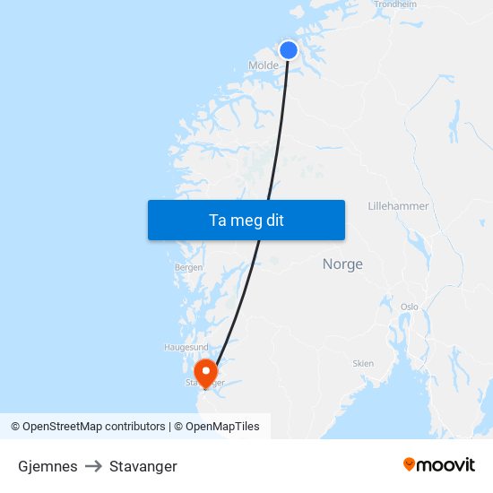Gjemnes to Stavanger map